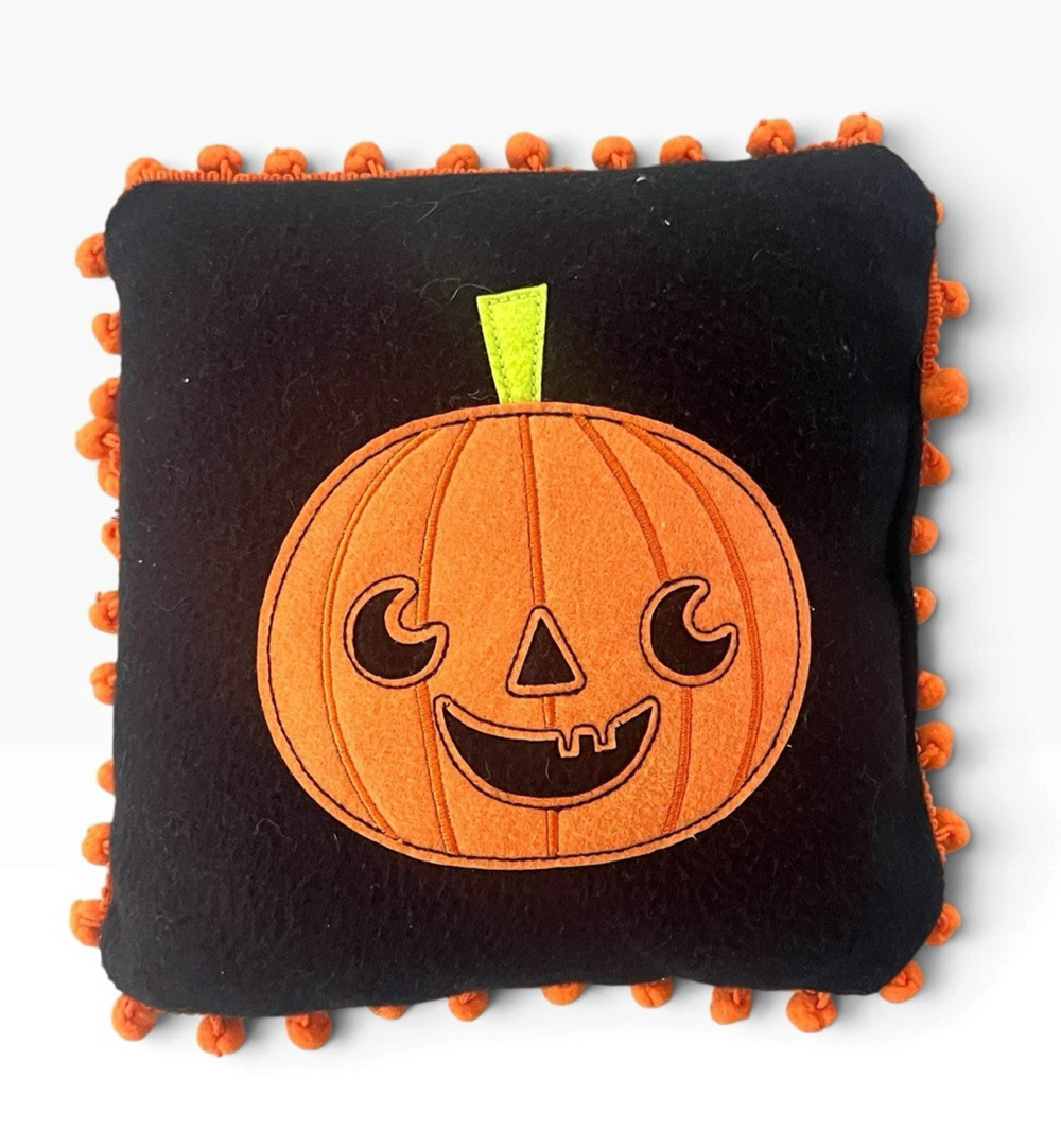 Decorative Pillow Pumpkin Applique Jack O Lantern Halloween Black Pom Poms 8 X 8